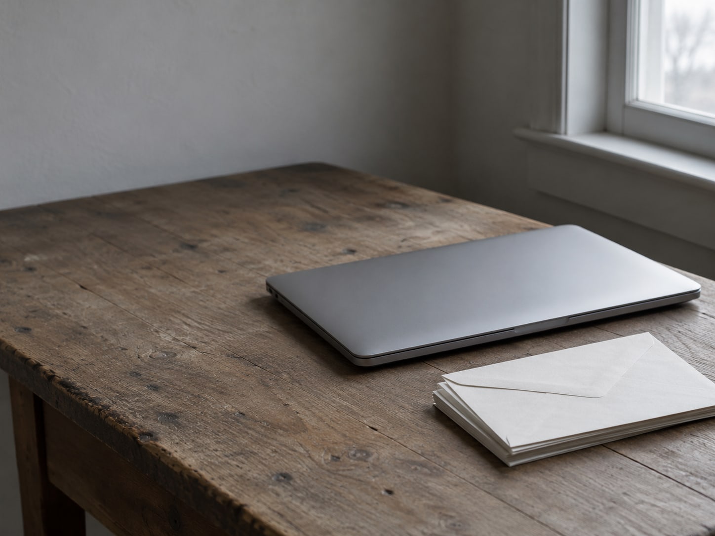 A closed laptop beside a small stack of unopened envelopes on a worn wooden desk.