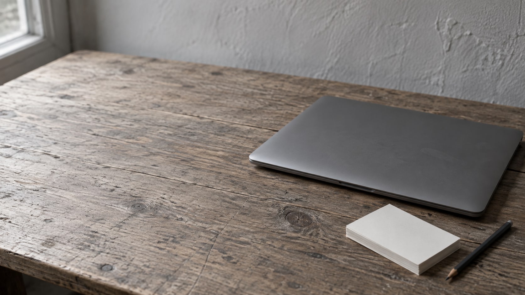 A closed laptop beside a small stack of blank index cards and a pencil on a worn wooden desk.