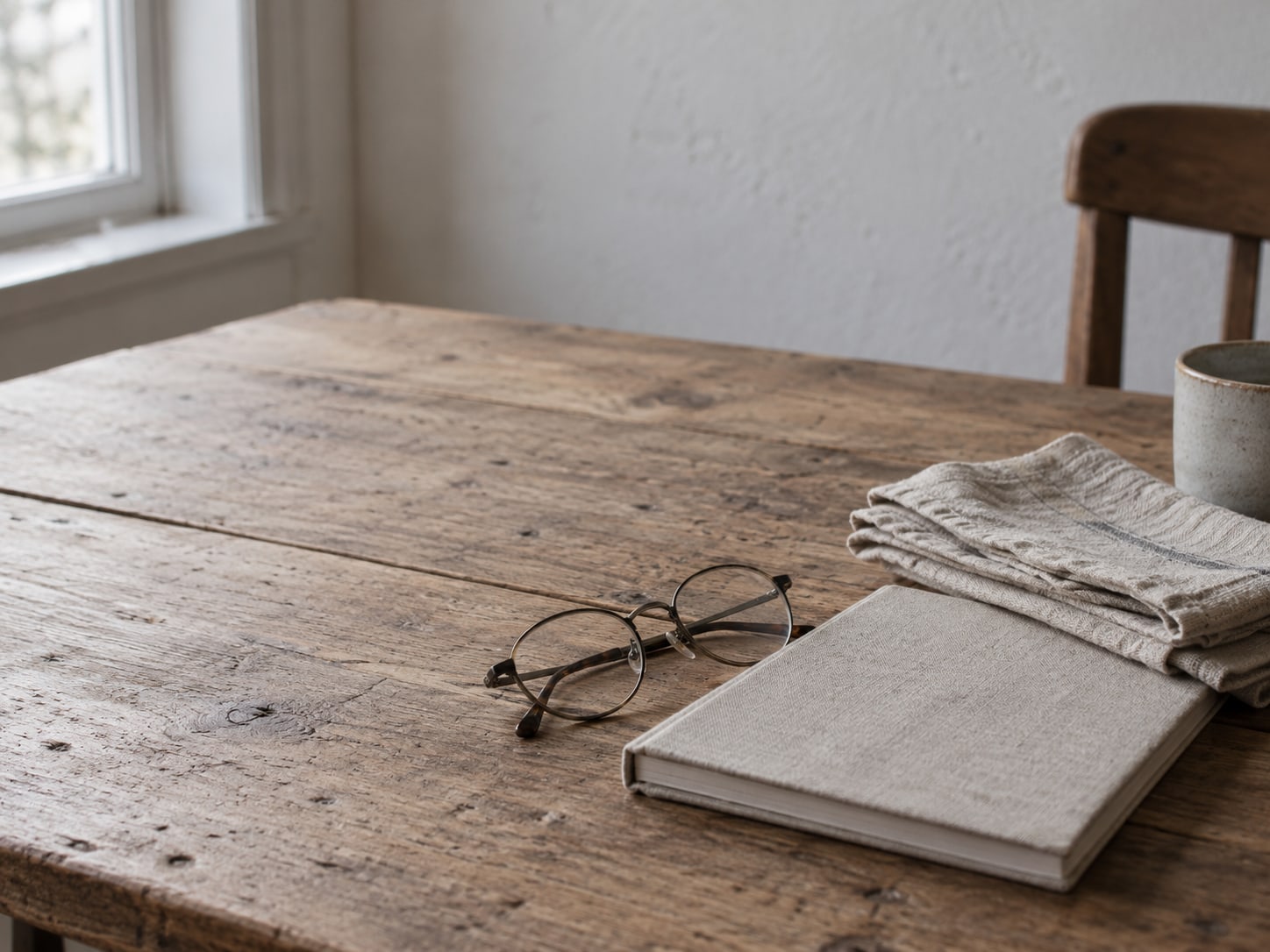 A small stack of folded cloth napkins beside a pair of reading glasses and a plain notebook on a kitchen table.