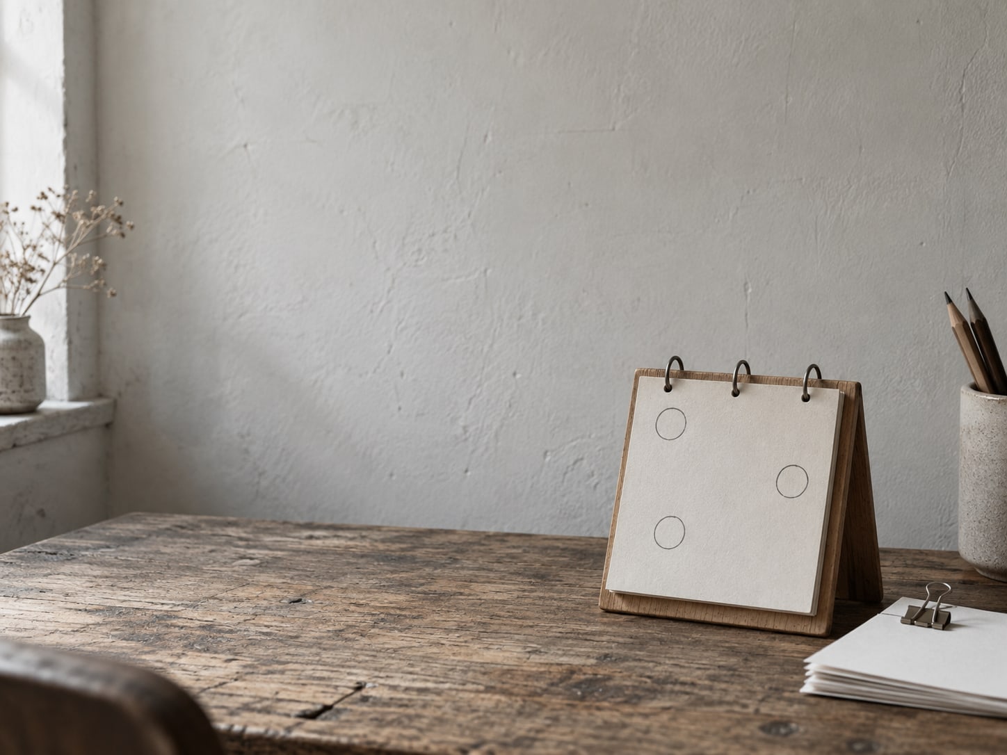 A wooden desk calendar with a few blank squares circled in pencil beside a small clip of plain paper.