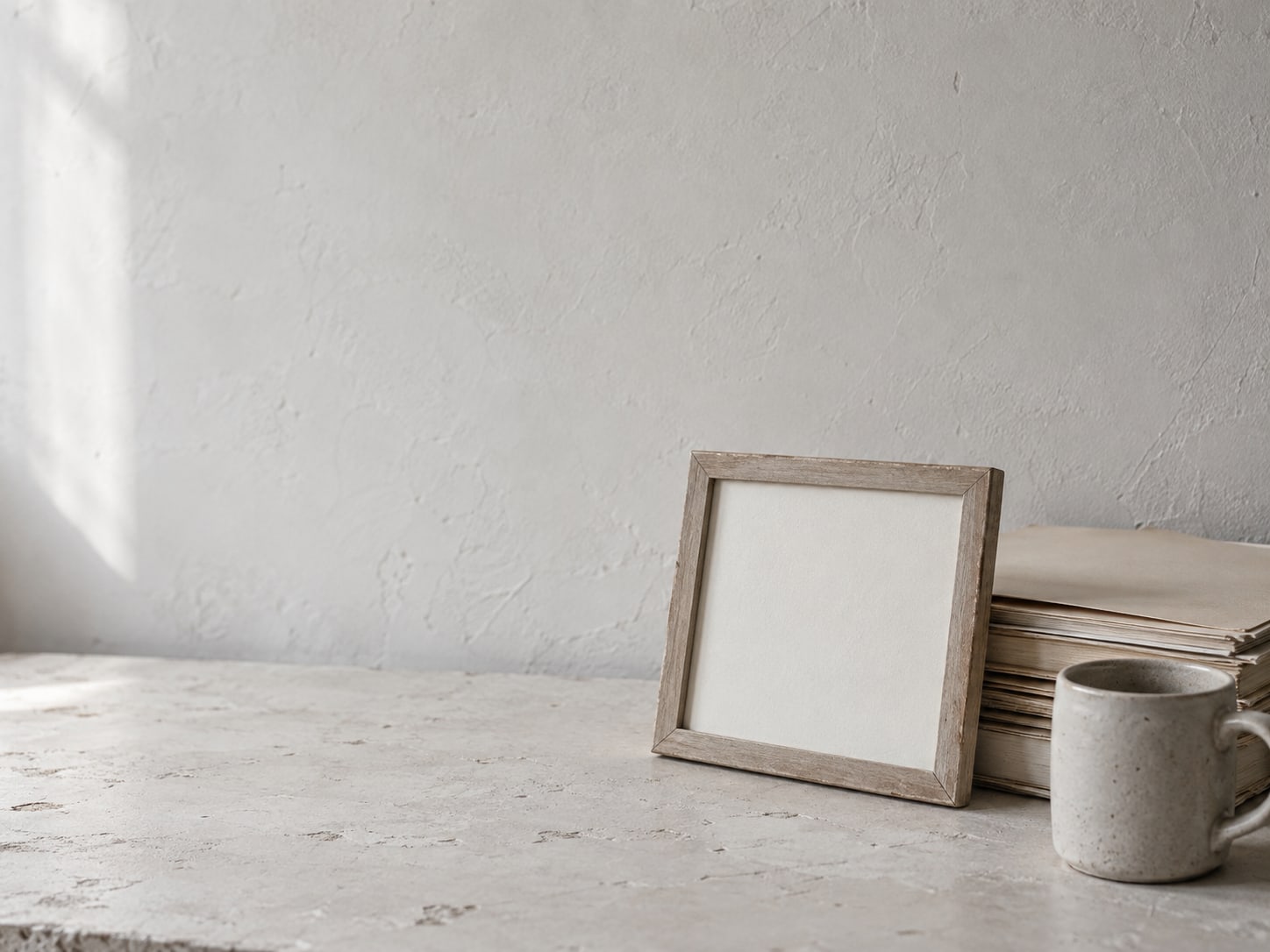 A framed blank business sign leaning against a stack of folders on a pale desk beside a ceramic mug.