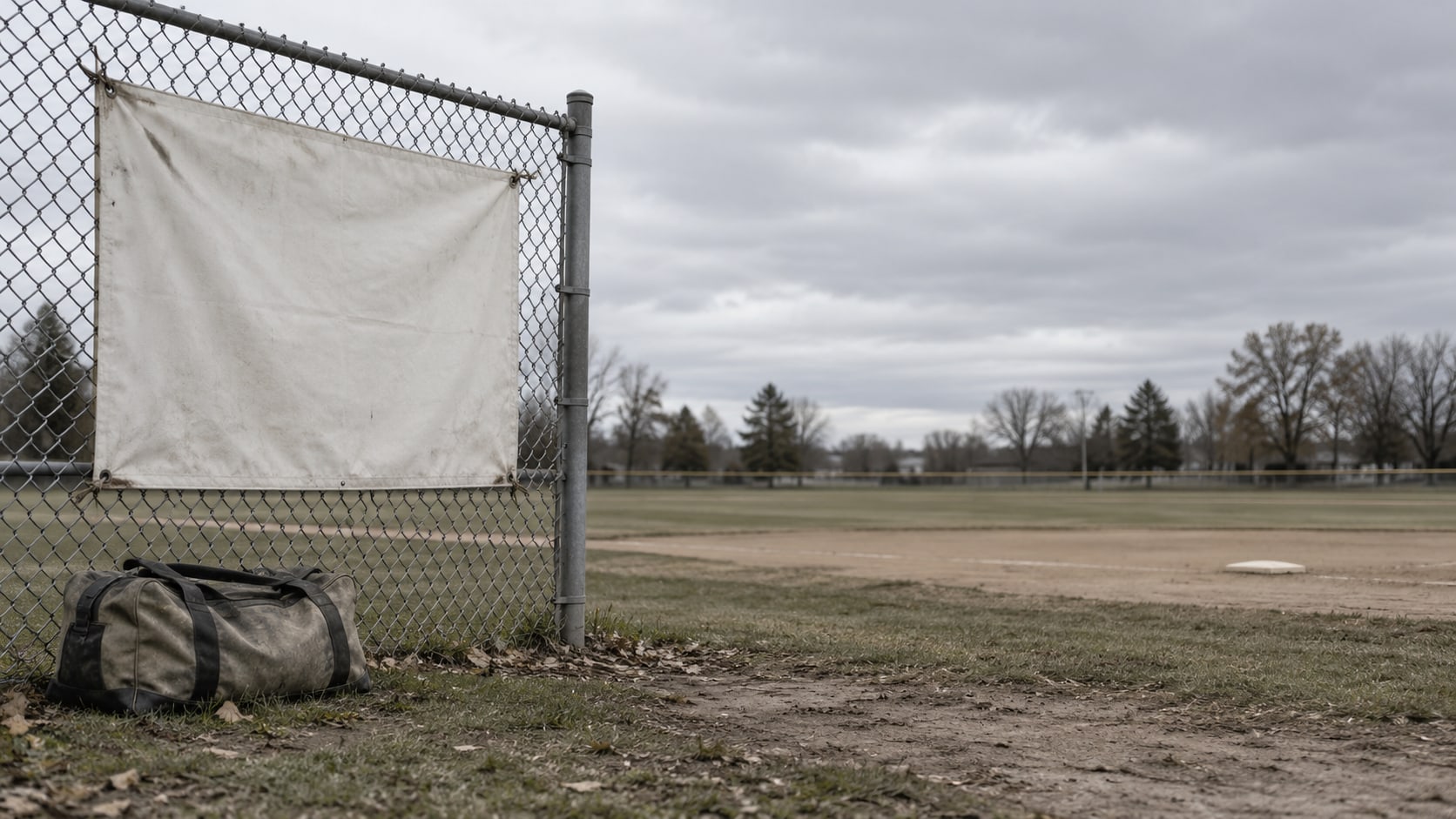 A blank canvas banner tied to a chain-link fence beside a canvas equipment bag on an empty baseball field.
