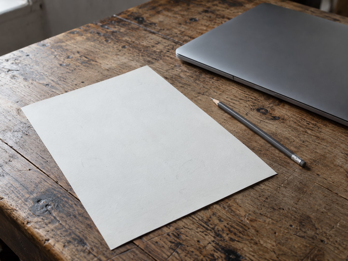 A pencil, a blank paper checklist with faint pencil marks and a closed laptop on a worn wooden table.