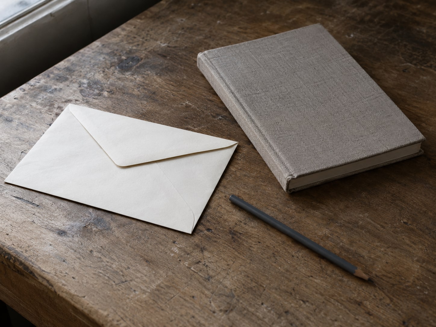 A sealed envelope and a pencil resting on a clean wooden desk beside a closed notebook.
