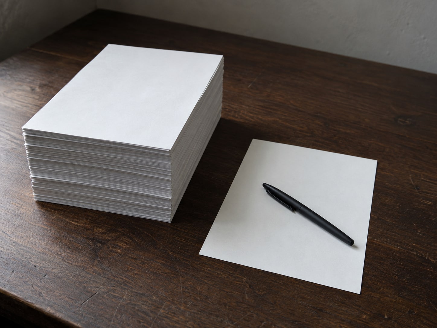 A tall stack of blank white paper beside a single sheet placed apart on a walnut desk, with a closed pen resting on it.