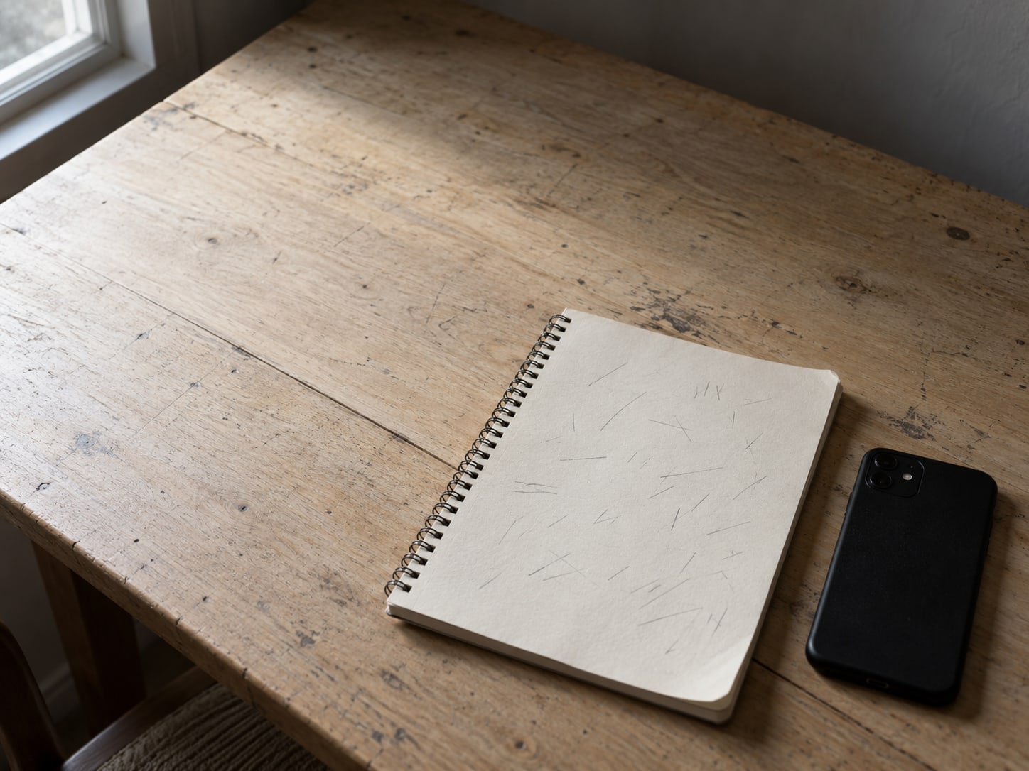 A spiral notebook with faint pencil marks beside a phone lying face down on a plain table.