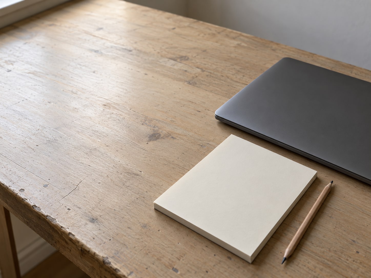 A closed laptop beside a blank notepad and a sharpened pencil on a clean wooden desk.