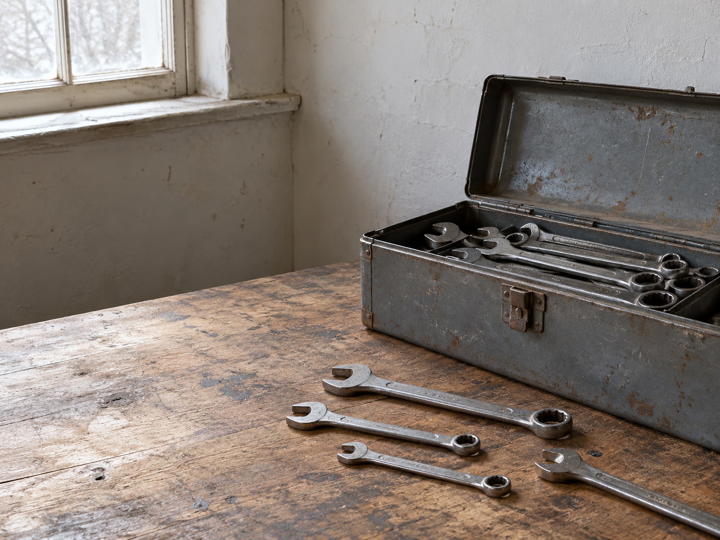 An open toolbox with wrenches laid out neatly on a bench under bright, even light.