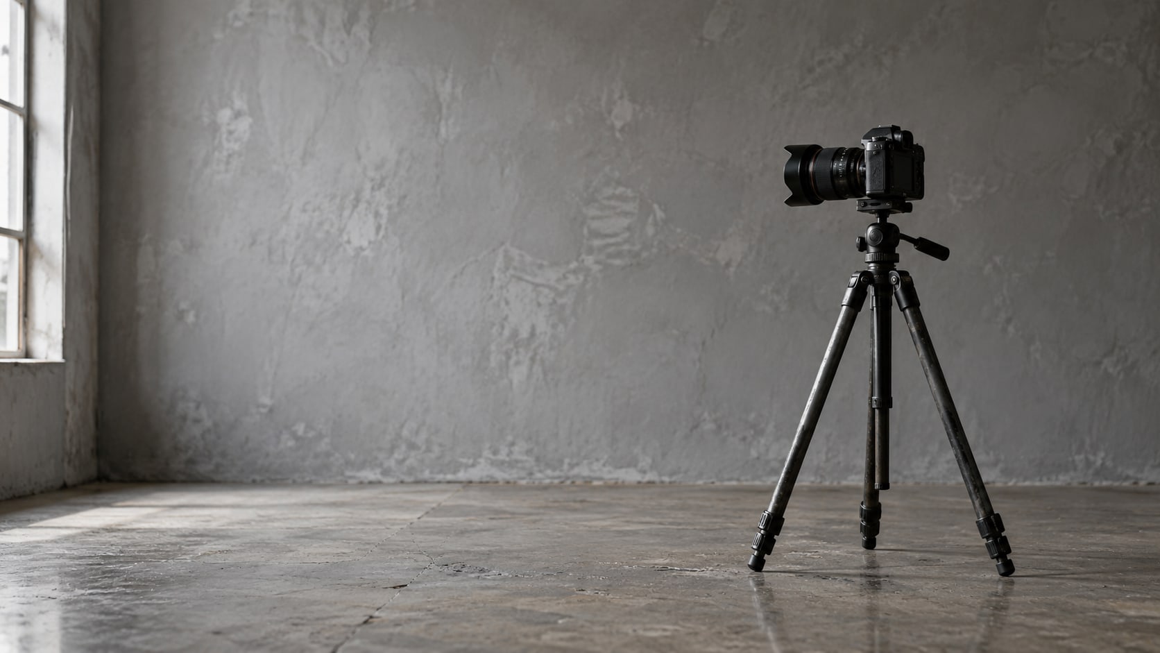 A camera on a tripod facing a plain gray backdrop in an empty room.