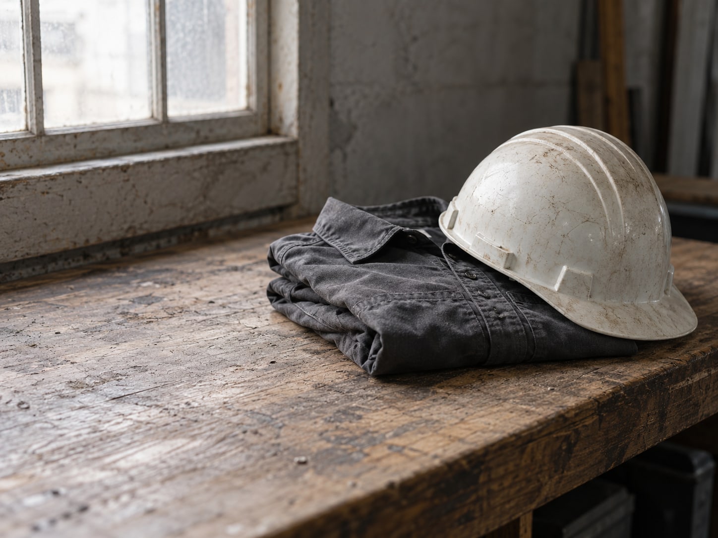 A folded plain work shirt and a hard hat resting on a worn workshop bench.