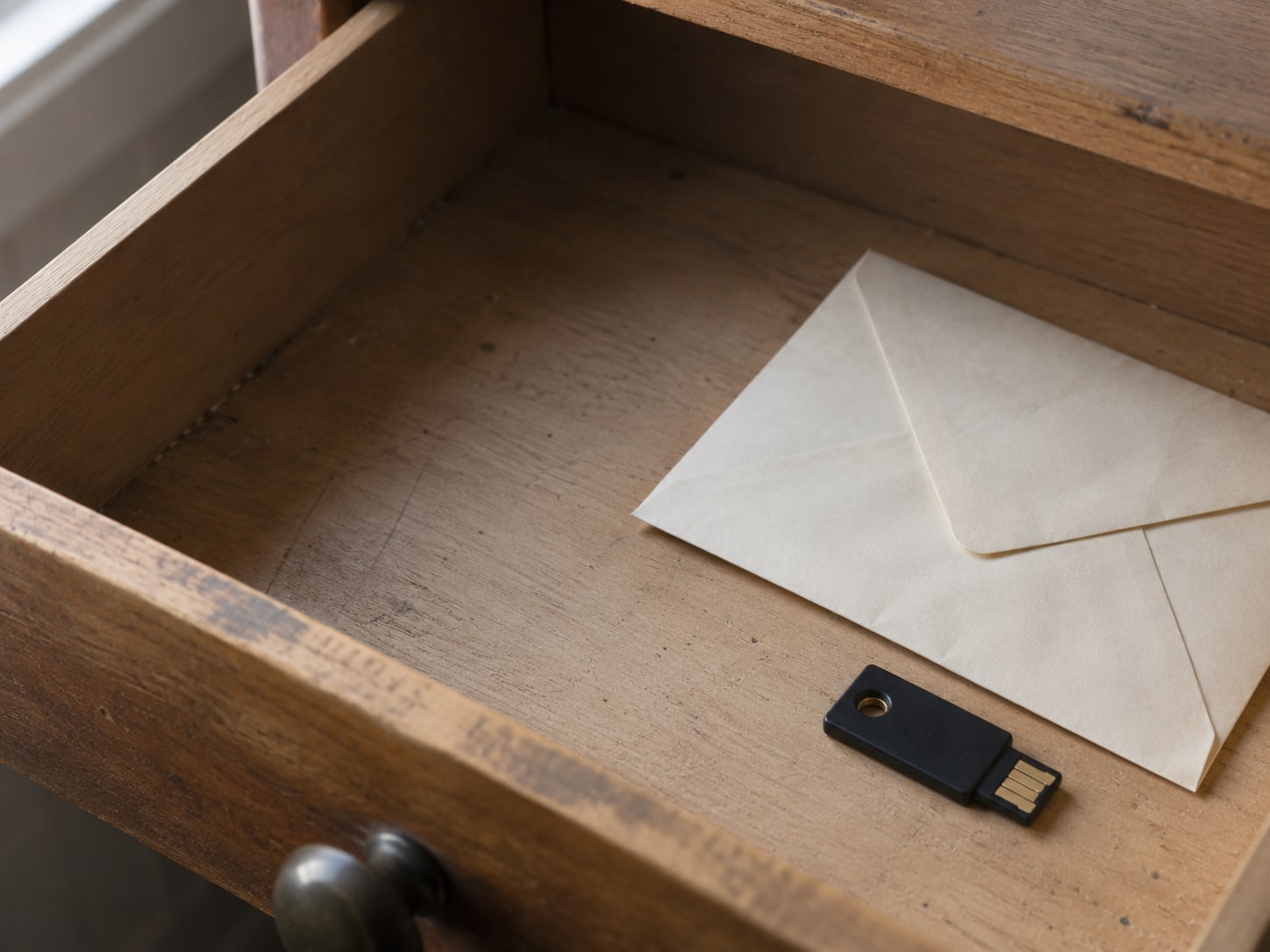 A hardware security key and a sealed plain envelope in an open desk drawer.