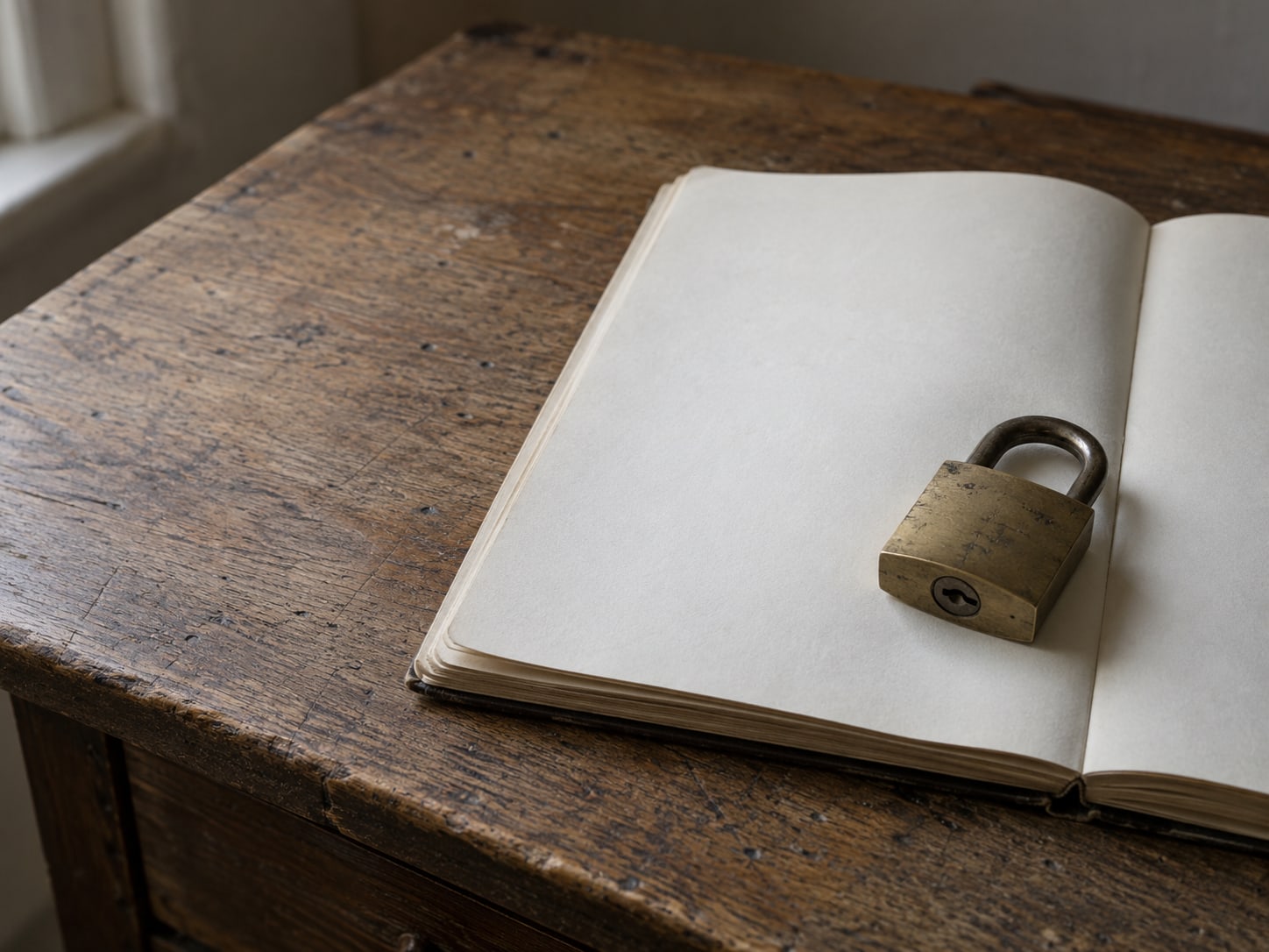 A closed brass padlock resting on a blank paper ledger on a worn wooden desk.