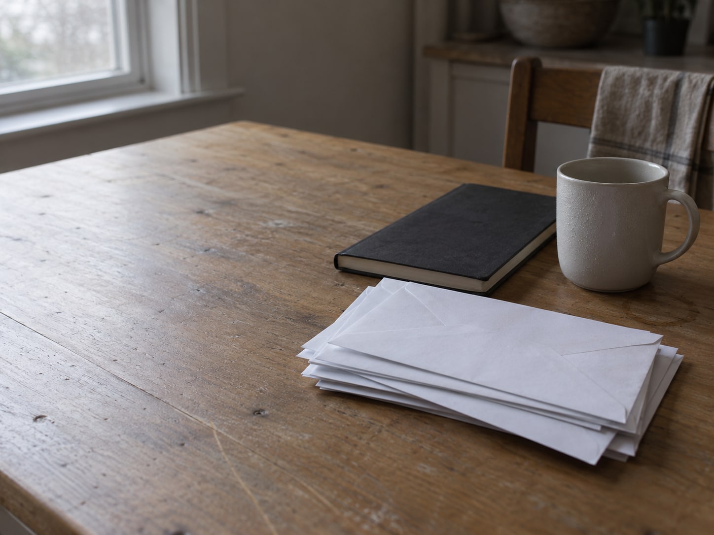 A pile of unopened envelopes and a closed notebook beside a cold mug on a kitchen table.