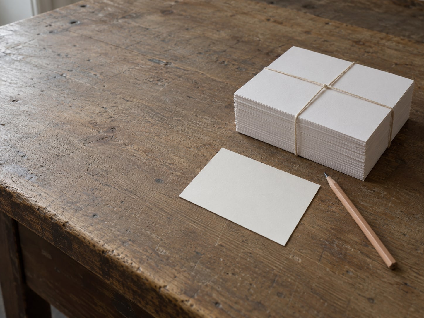 A sealed stack of blank flyers with a pencil and a plain index card on a worn wooden counter.