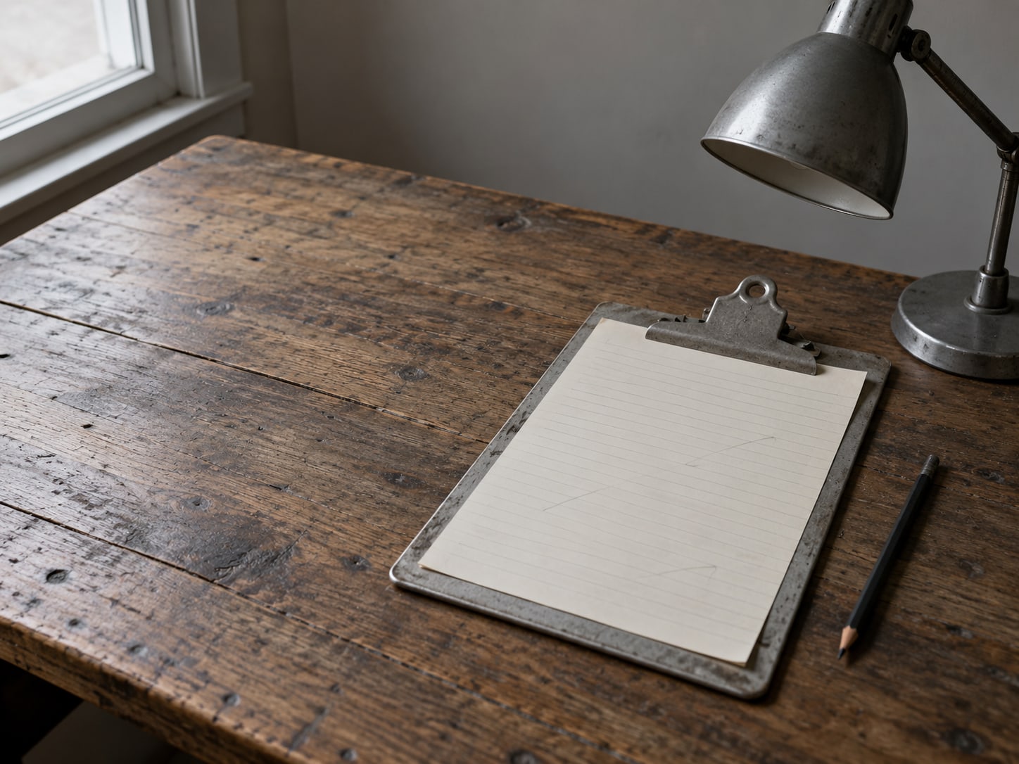 A clipboard holding a blank ruled sheet with faint pencil marks, resting beside a small desk lamp that is switched off.