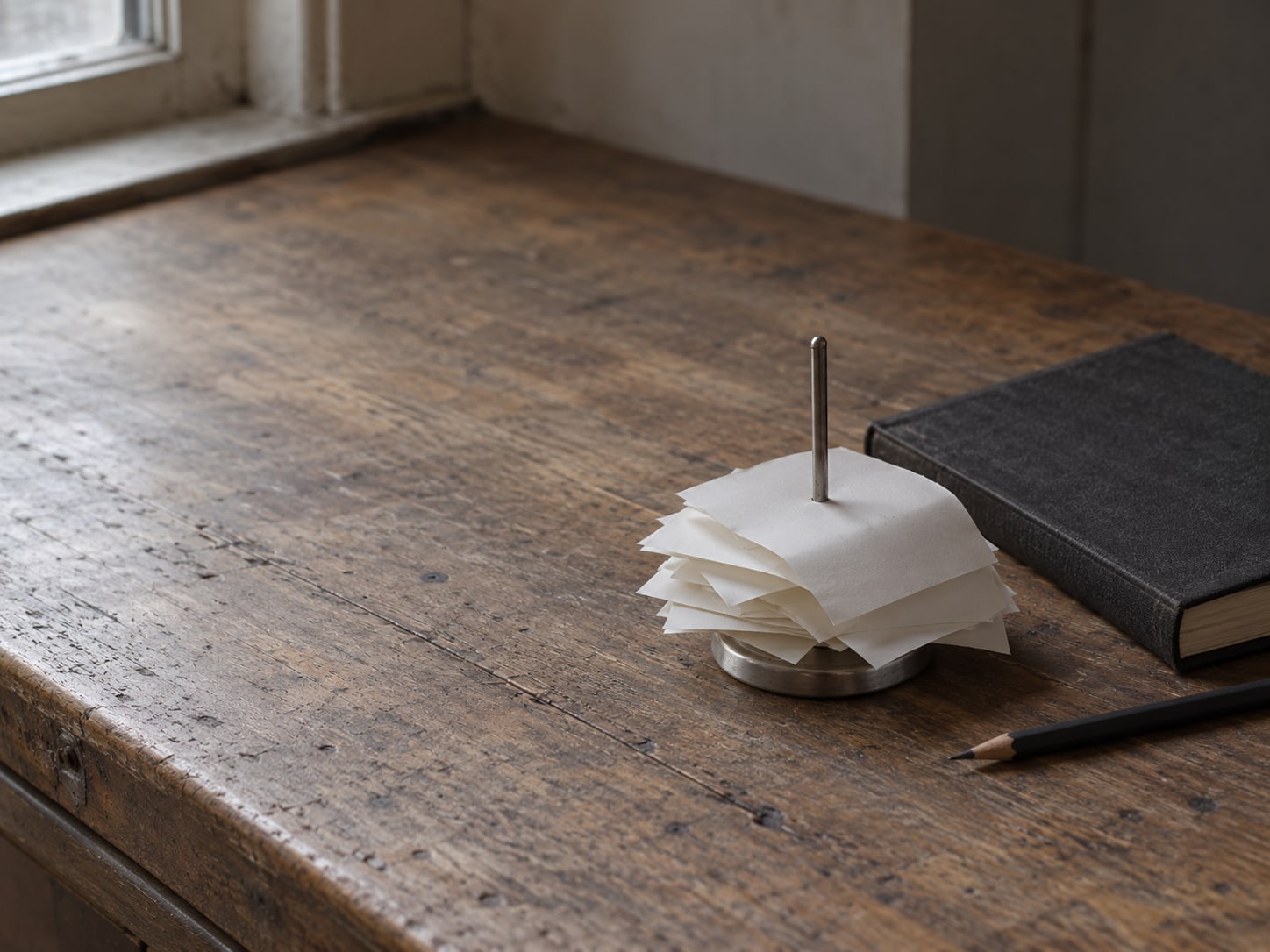 A spindle of paper receipts beside a closed ledger and a pencil on a counter near a window.