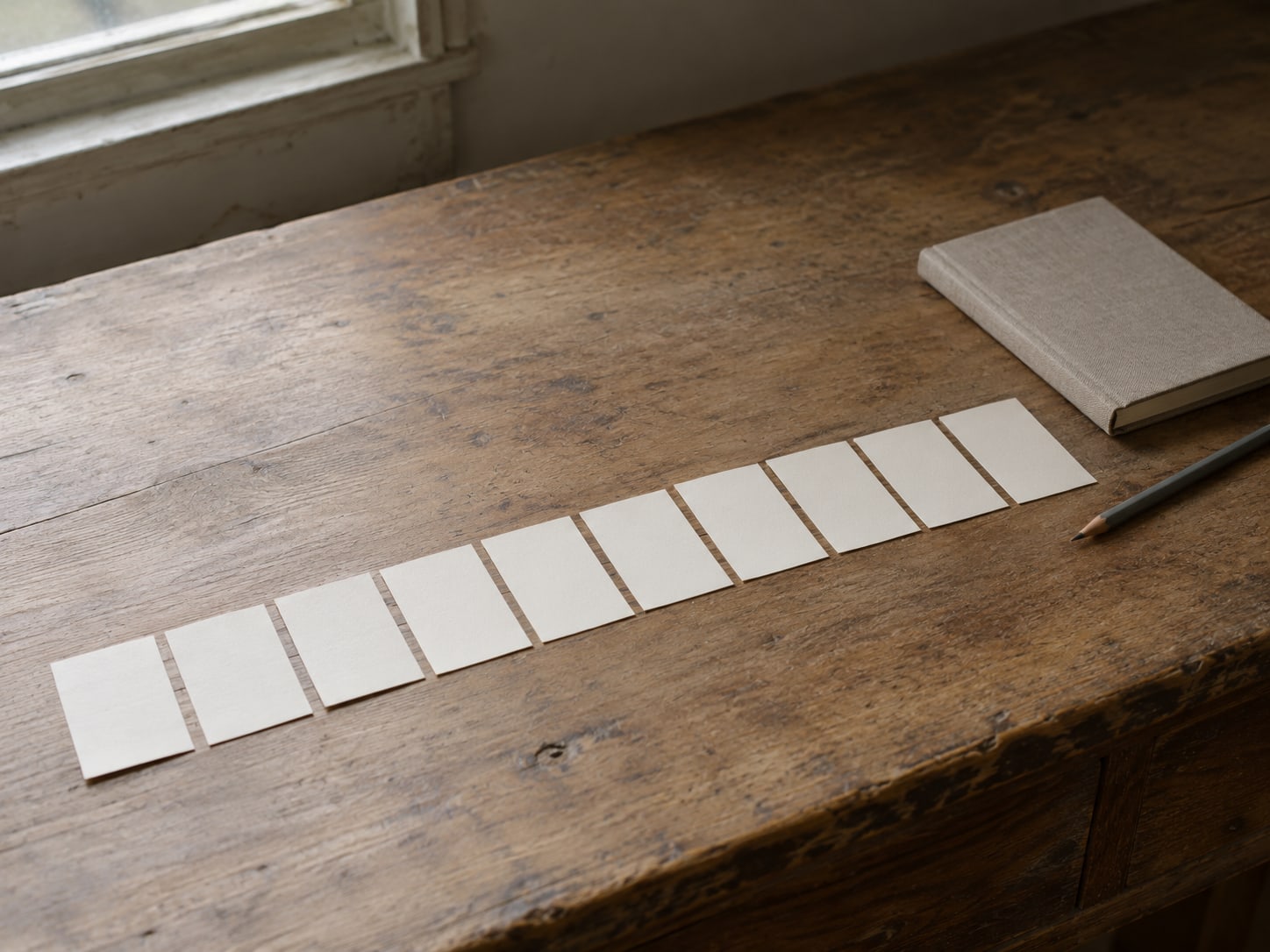 A row of ten blank index cards laid out on a wooden counter beside a closed notebook and a pencil.