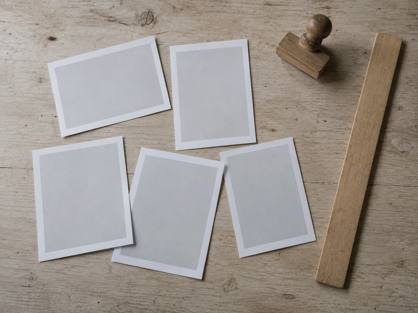 A flat lay of printed product photos, a small wooden stamp and a ruler on a plain table.