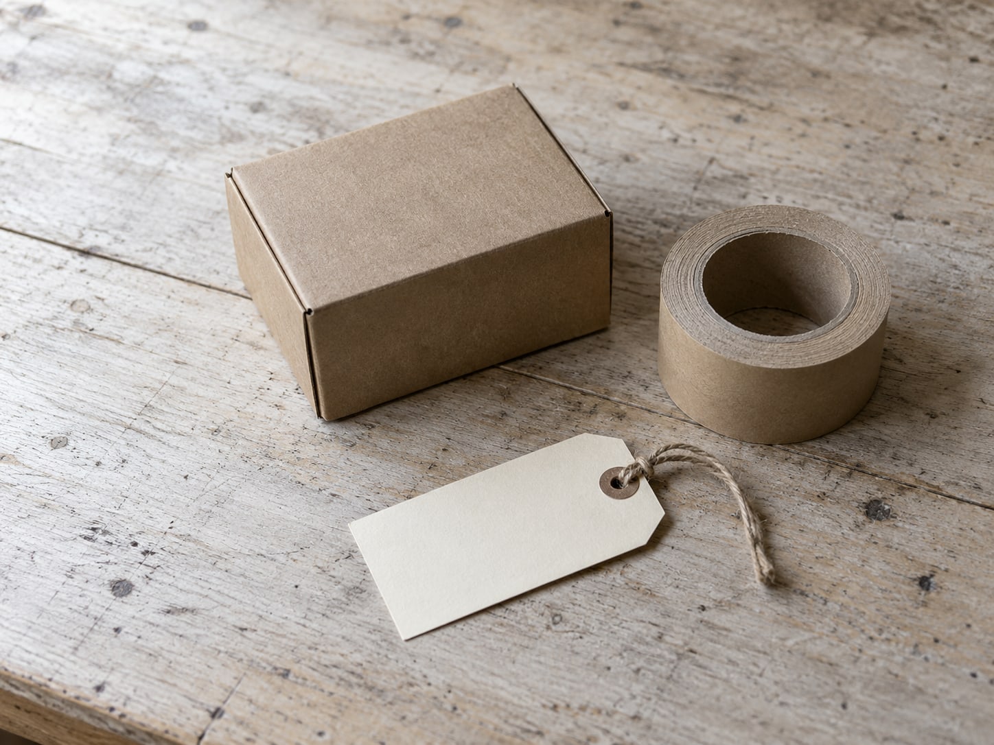 A small cardboard box, a roll of tape and a blank price tag on a clean workbench.