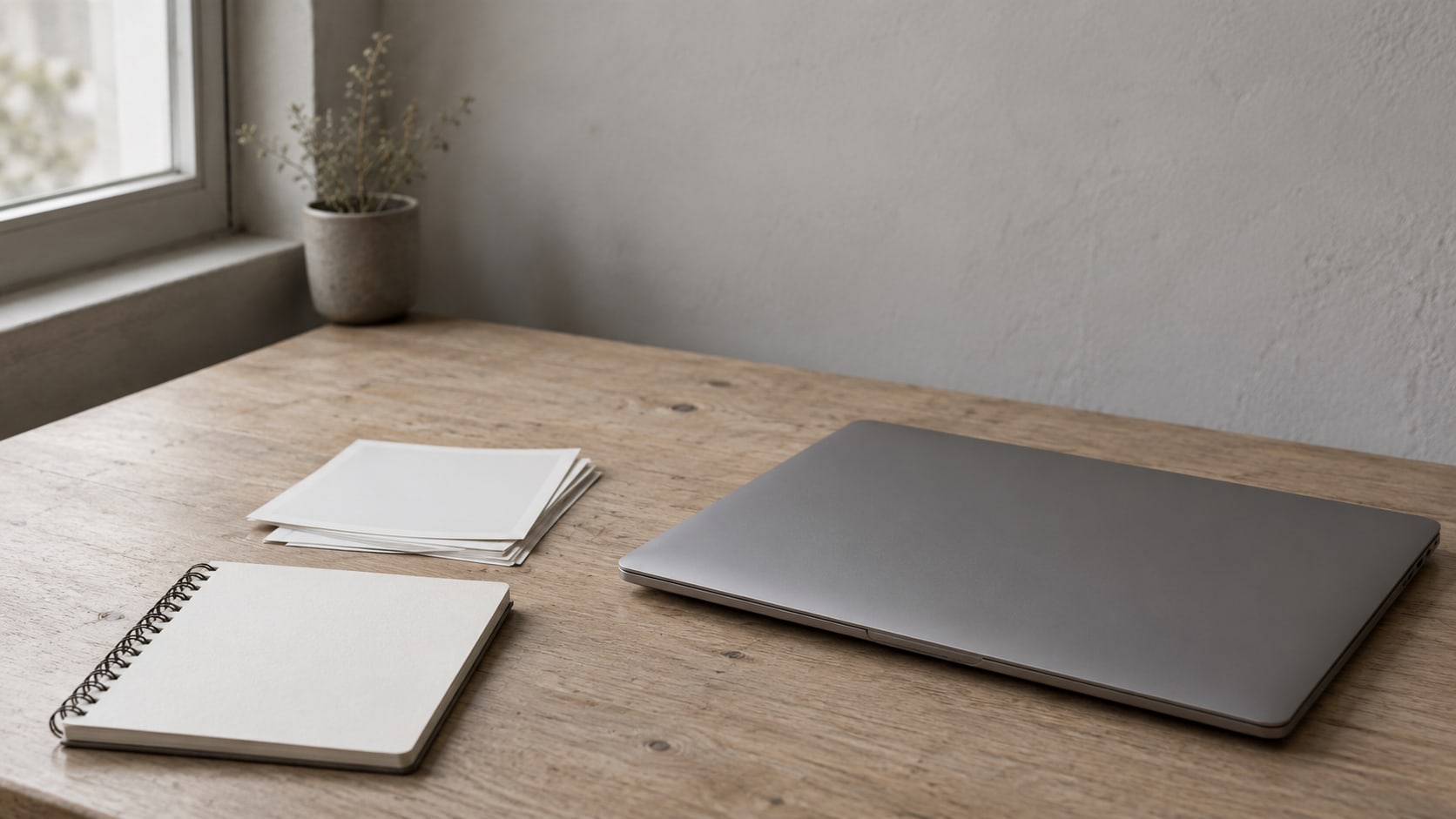 A closed laptop, a small stack of printed photographs and a blank notebook on a plain wooden desk in soft daylight.