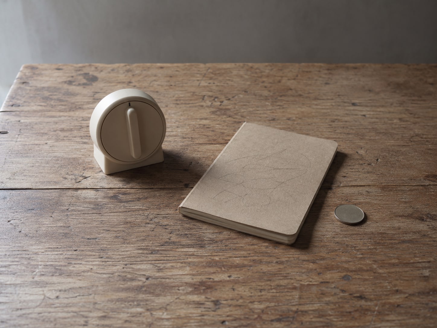 A kitchen timer, a small notebook with unreadable pencil marks and a coin on a wooden table.