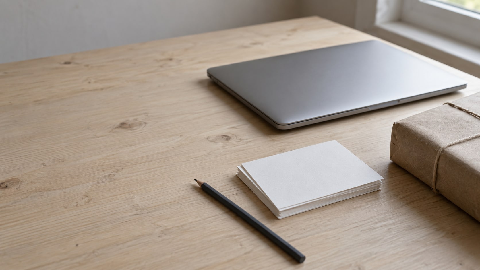 A closed laptop, a small stack of blank cards, a pencil and a plain wrapped parcel on a pale wooden desk.