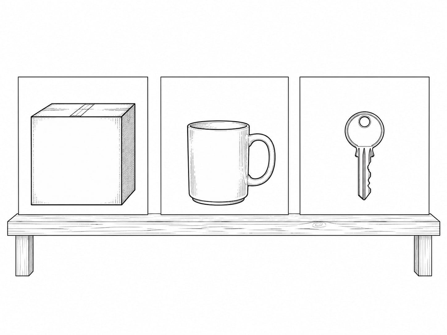 A plain cardboard box, a small ceramic mug and a brass key laid on a bench as reference items, each photographed on its own.