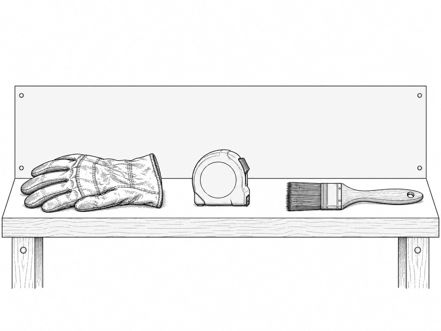 A worn leather work glove, a tape measure and a small paintbrush resting on a clean workbench under soft window light.