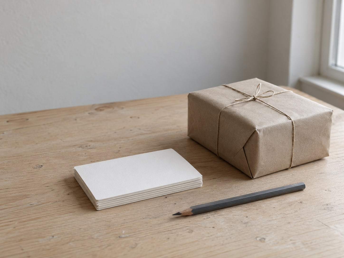 A single wrapped parcel, a small stack of blank cards and a pencil on a pale desk, arranged as a to-do list of three image jobs.