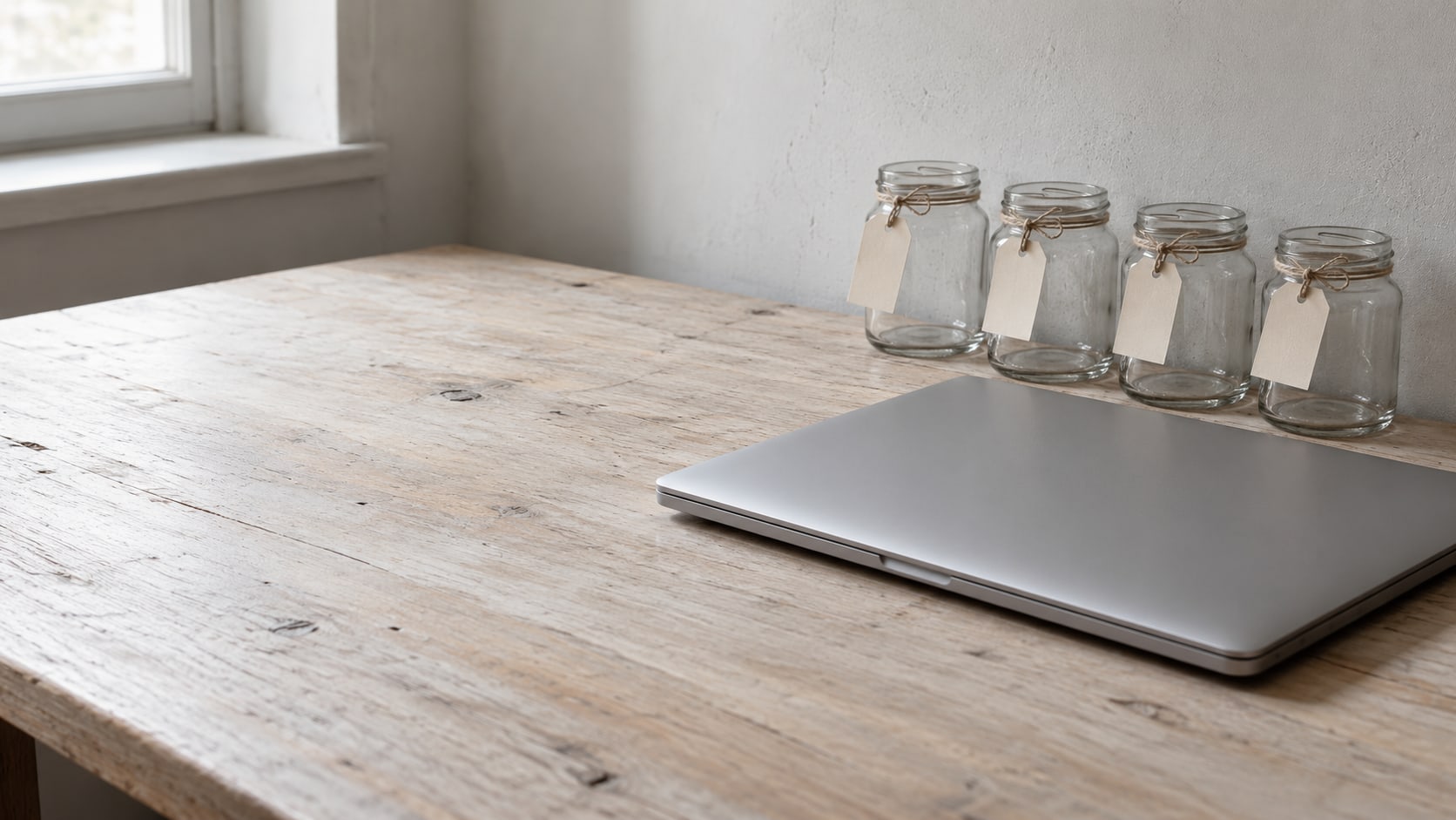 A closed laptop on a wooden desk beside a row of small glass jars, each with a blank paper tag tied to its neck.
