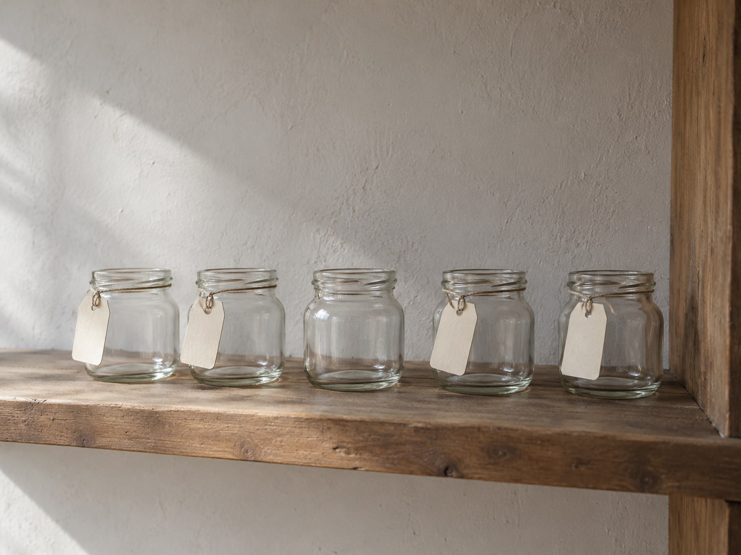A row of glass jars on a pantry shelf, each with a blank paper tag tied to its neck, and one jar left bare.