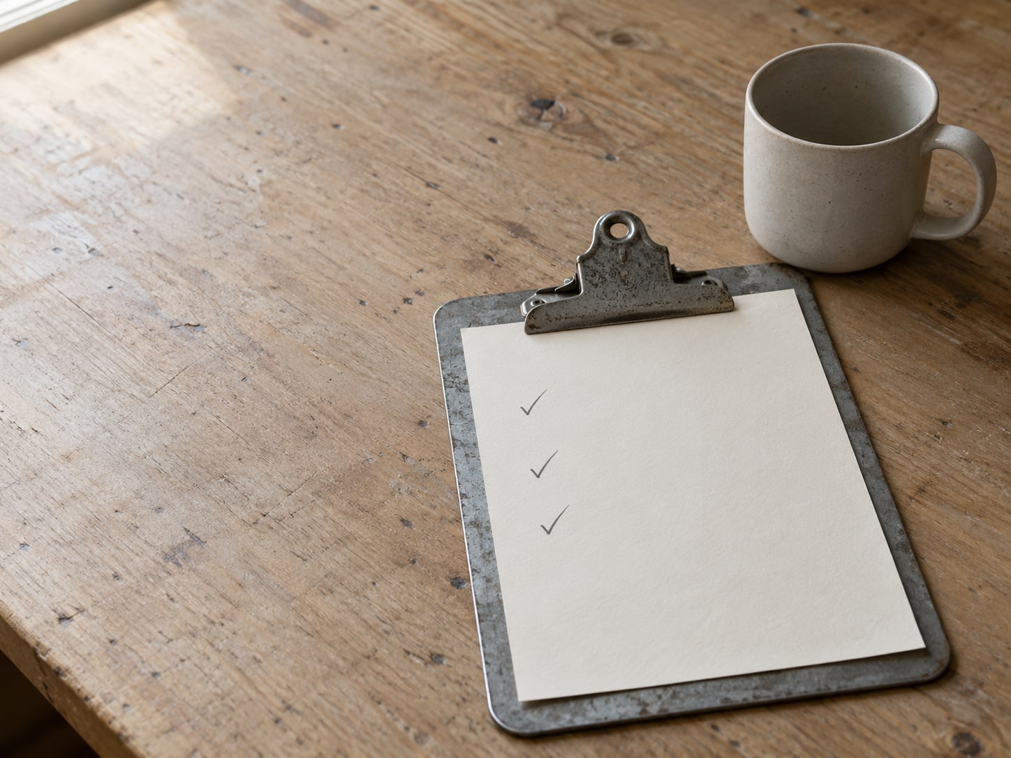 A clipboard holding a blank checklist sheet with three small checkmarks in pencil, next to a mug on a worktable.