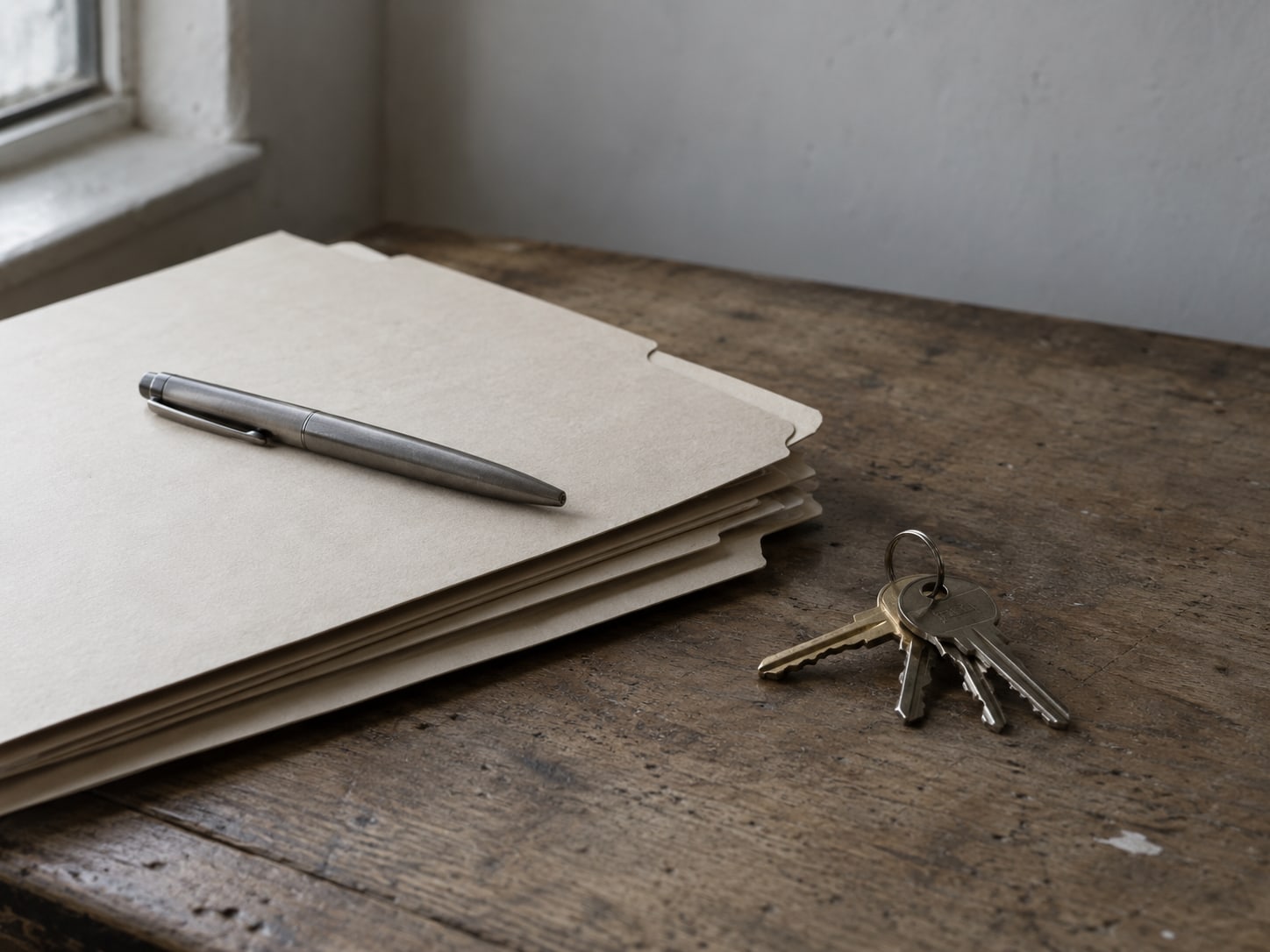 A small stack of blank folders with a closed pen on top, set beside a ring of keys on a worn tabletop.