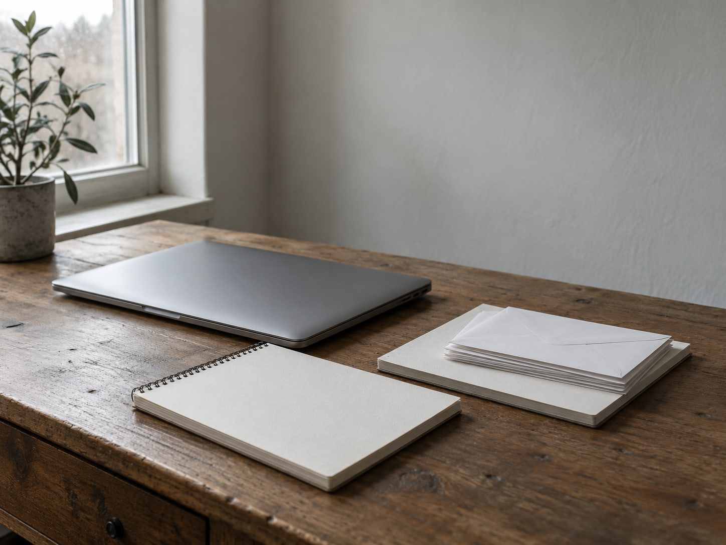 A closed laptop and two blank notepads on a wooden desk, one pad with a small stack of unopened envelopes on top.