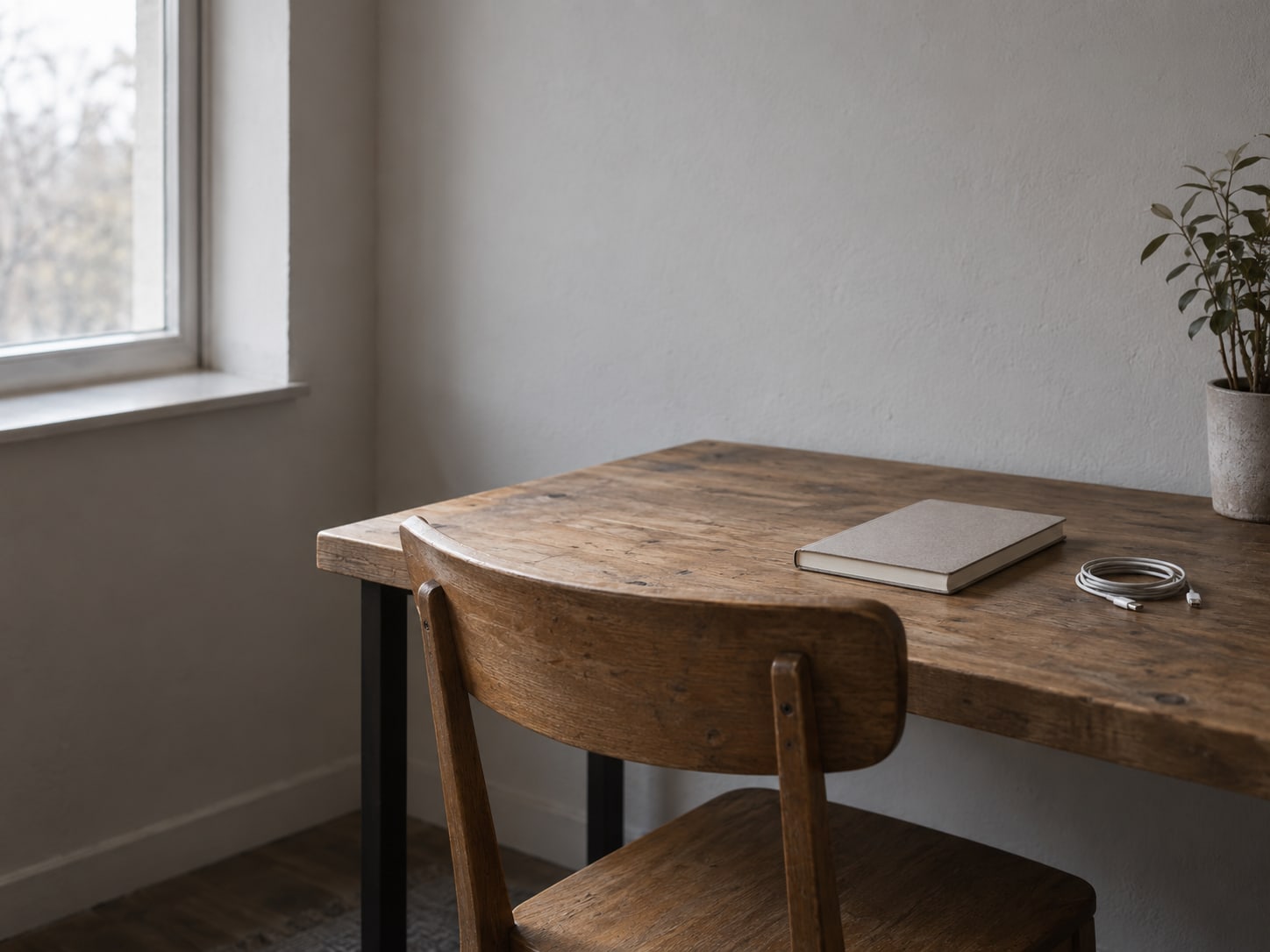 A single wooden chair pushed in at a tidy desk, with a closed notebook and a coiled charging cable beside it.
