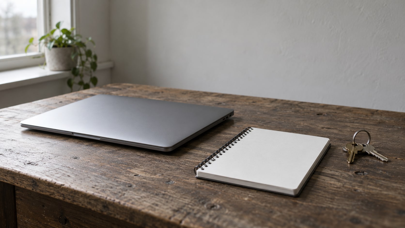 A closed laptop, a blank notepad and a small ring of keys on a wooden desk.