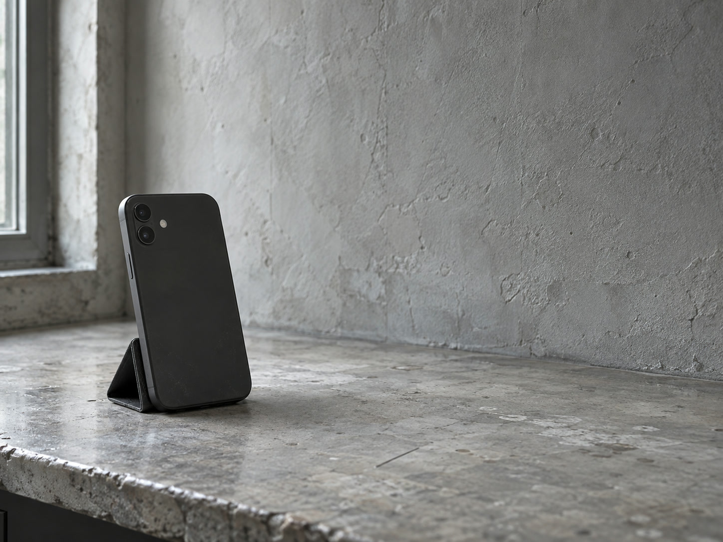 Un teléfono de pie en un soporte sencillo sobre el alféizar de piedra de una ventana, con la pantalla hacia el otro lado.