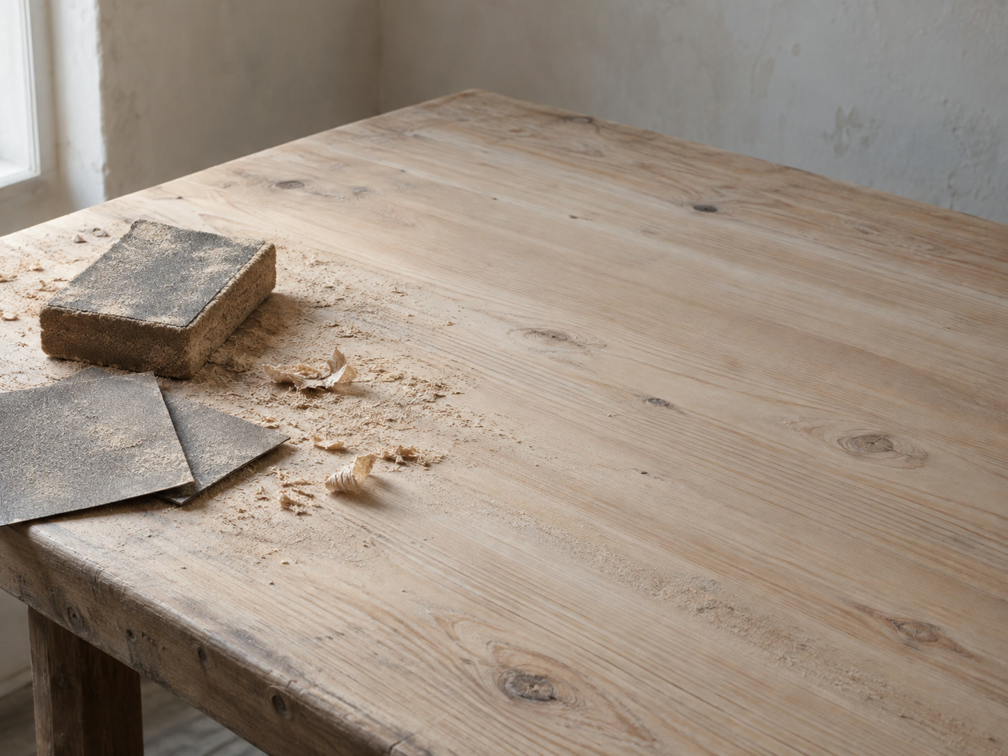 Un taco de lijar, hojas de lija y aserrín fresco sobre una mesa de madera clara con luz de ventana.