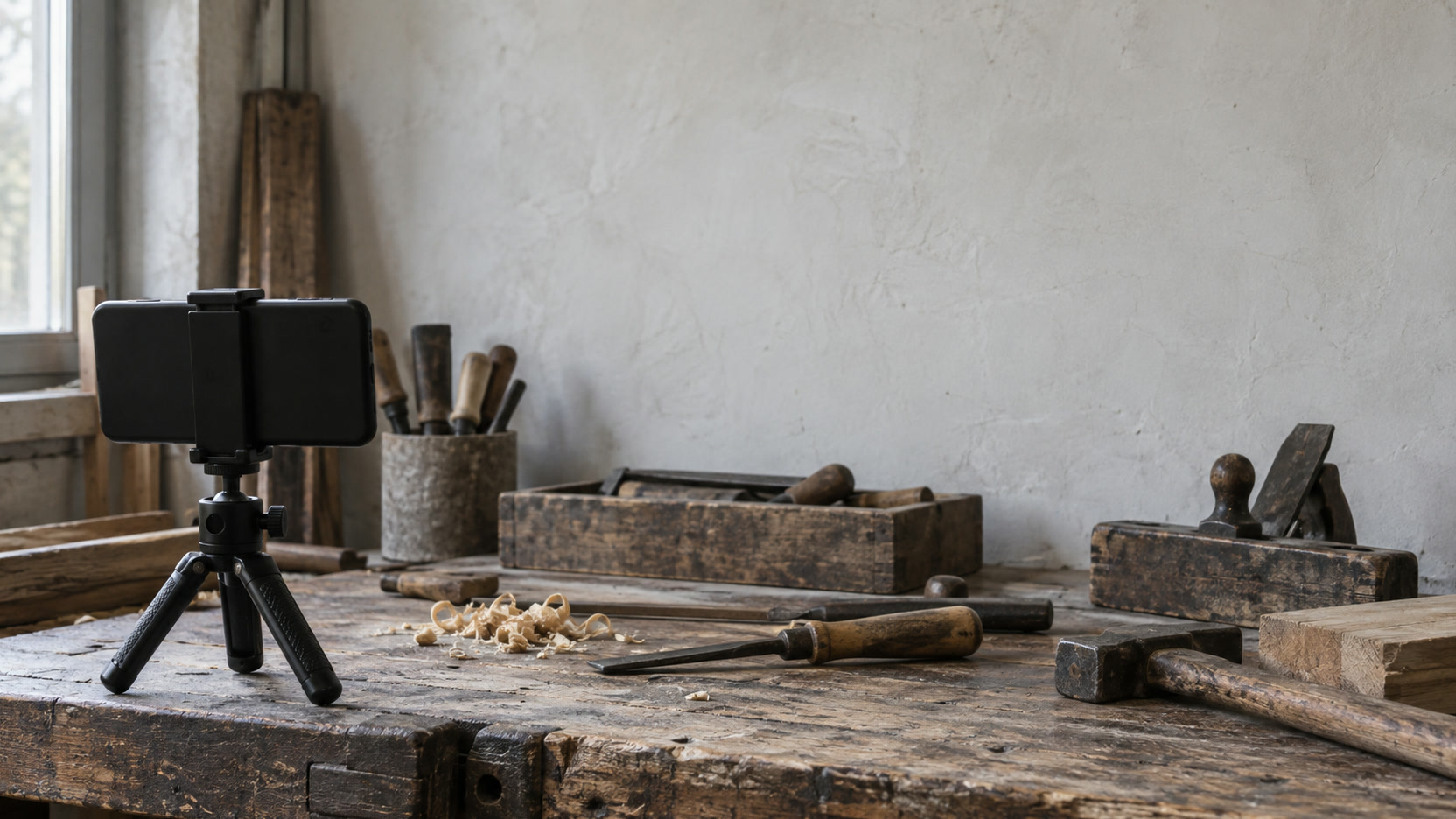 A phone on a small tripod pointed at a workbench with tools laid out, no person in the frame.
