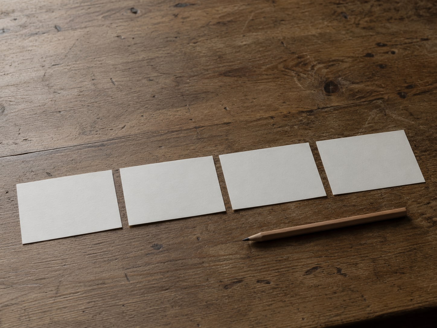 Four blank index cards laid in a row on a worn wooden desk, with a sharpened pencil resting beside them.