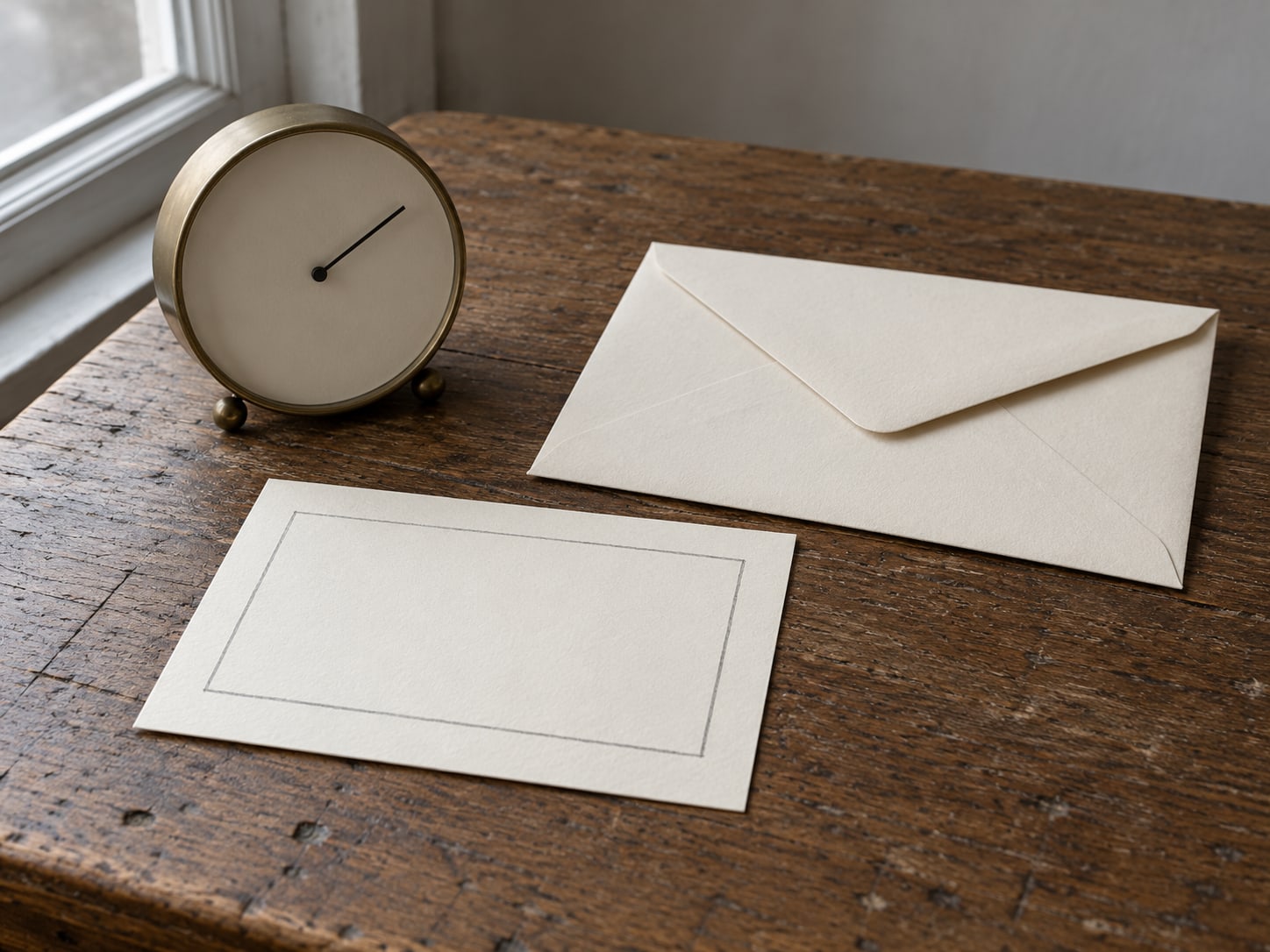 Una ficha con un recuadro vacío dibujado a lápiz, junto a un sobre sin abrir y un reloj pequeño sobre un escritorio.