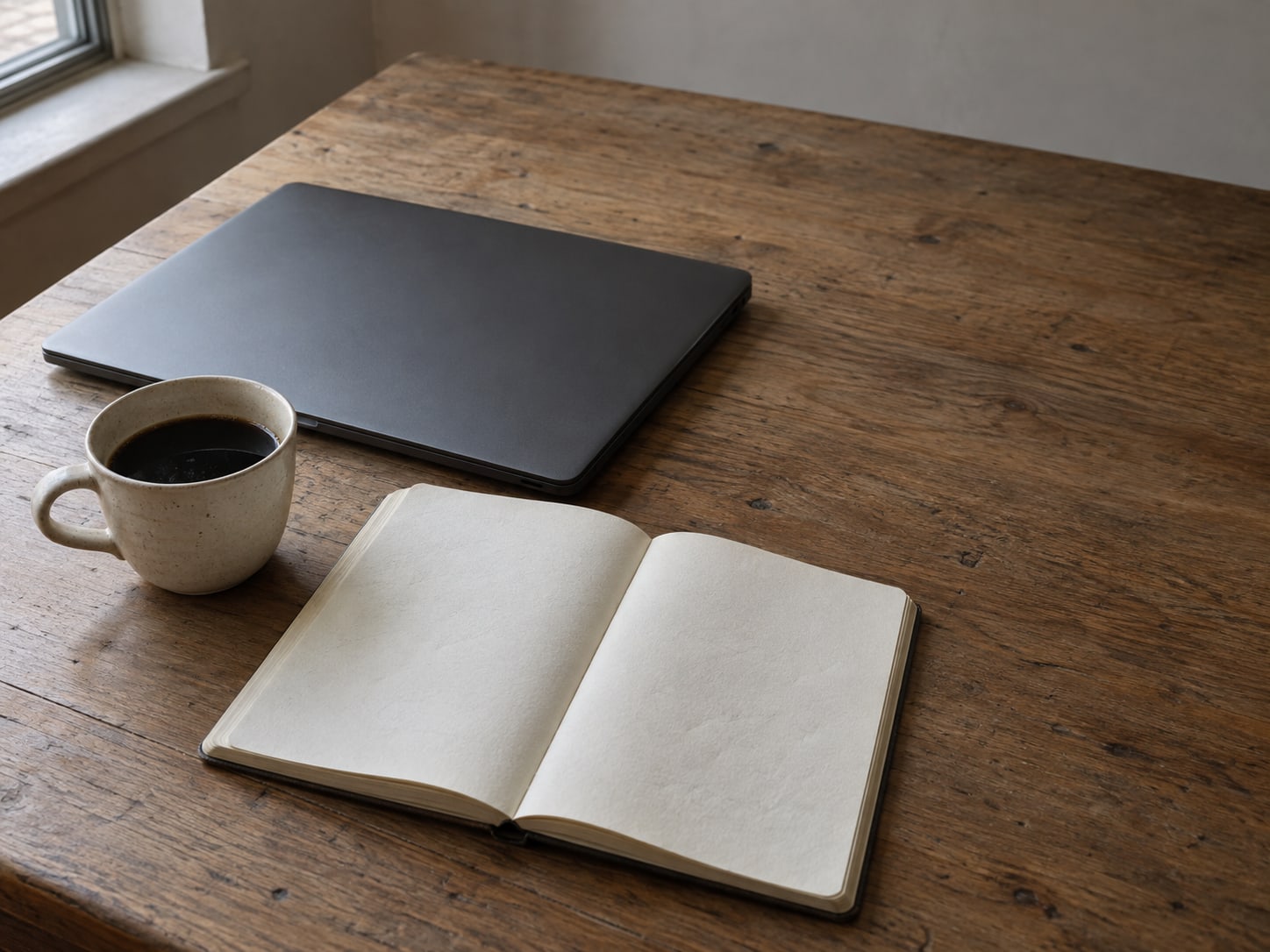 A blank notebook open to a page of faint pencil marks beside a closed laptop and a cup of coffee on a wooden desk.