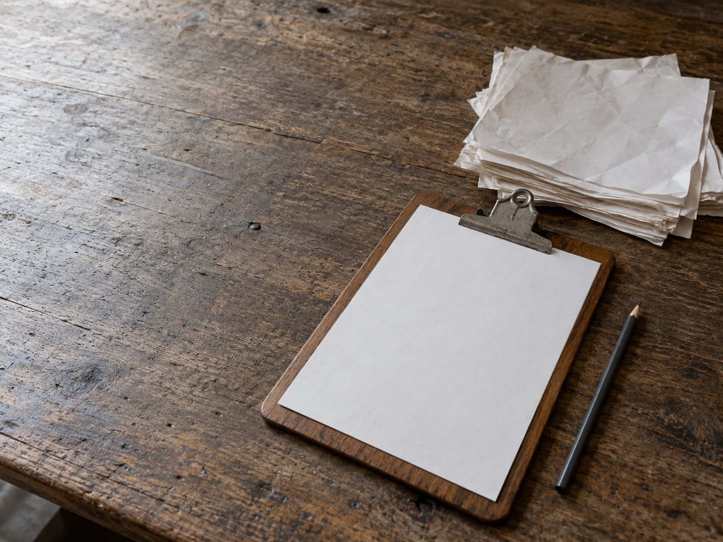 A clipboard holding one blank sheet and a pencil beside a small pile of older crumpled sheets on a counter.
