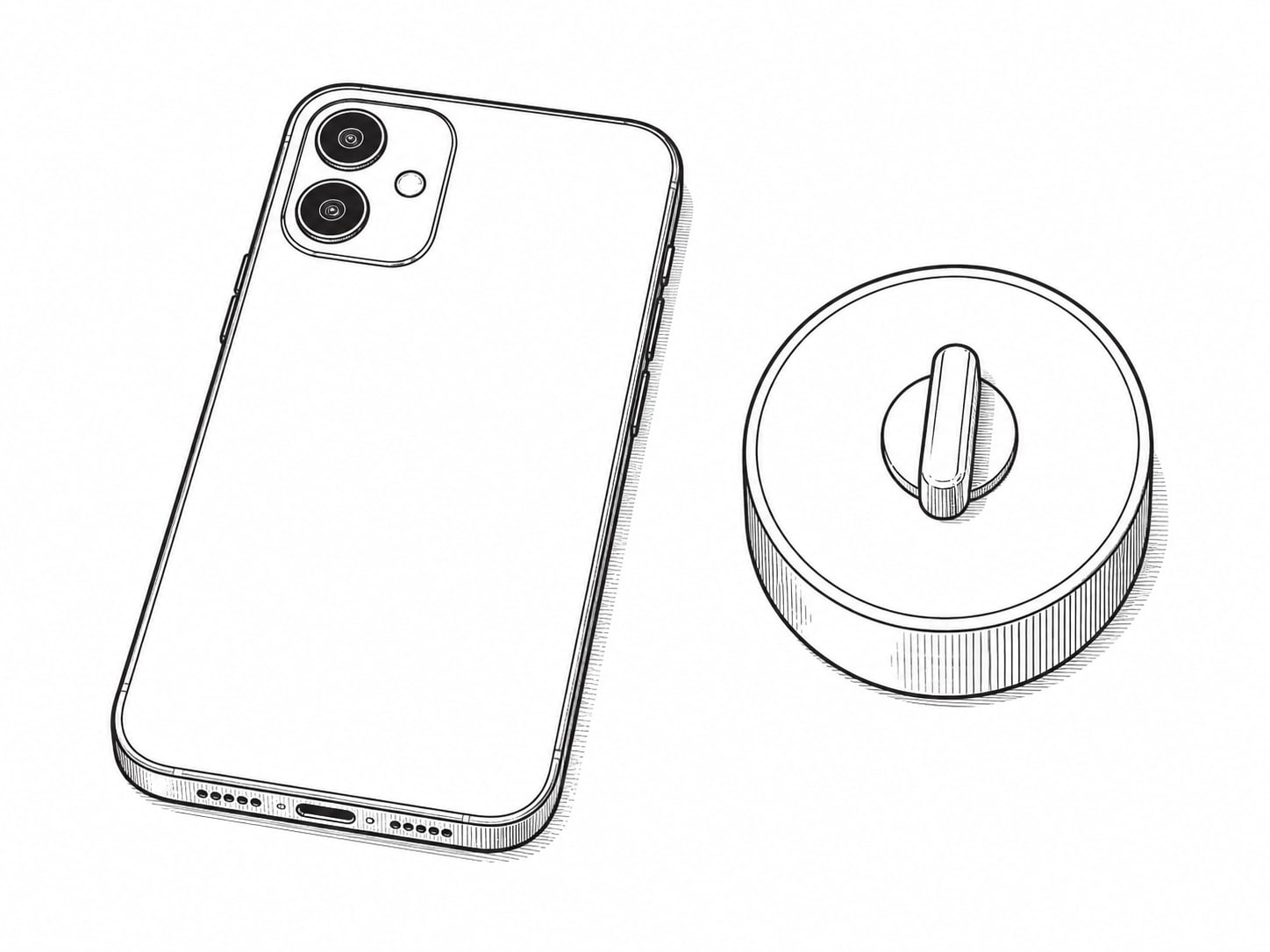 A smartphone lying face down on a table beside a small kitchen timer with a plain white face.