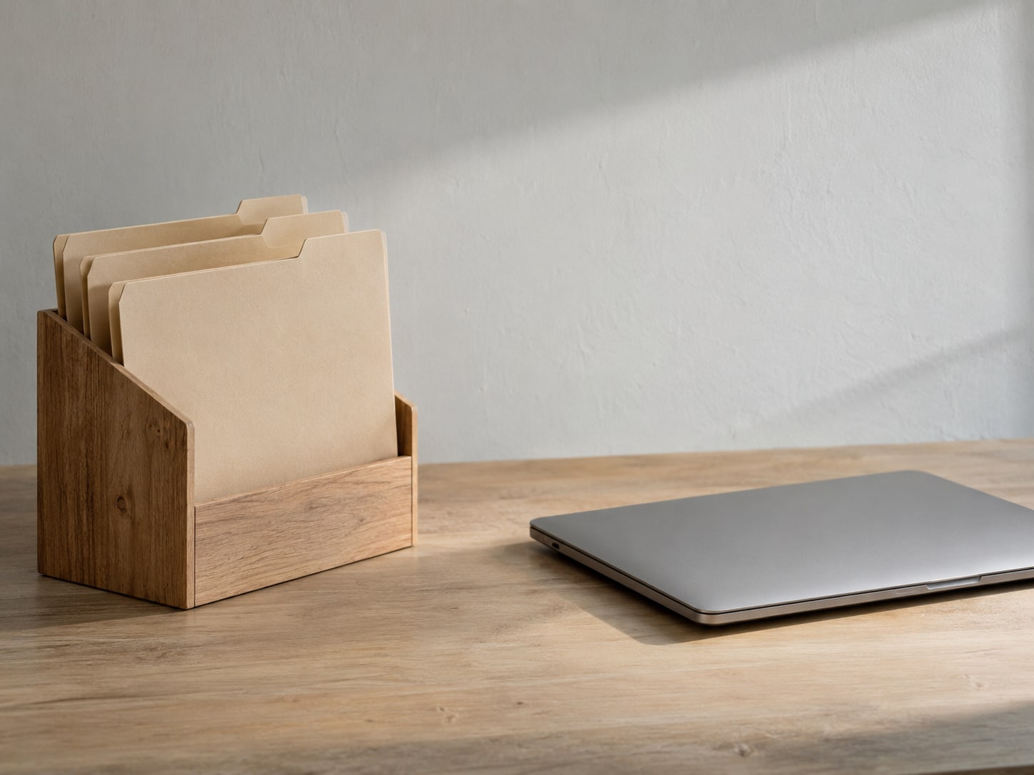 A tidy row of three folders in a desk organizer, one slightly pulled forward, beside a closed laptop.