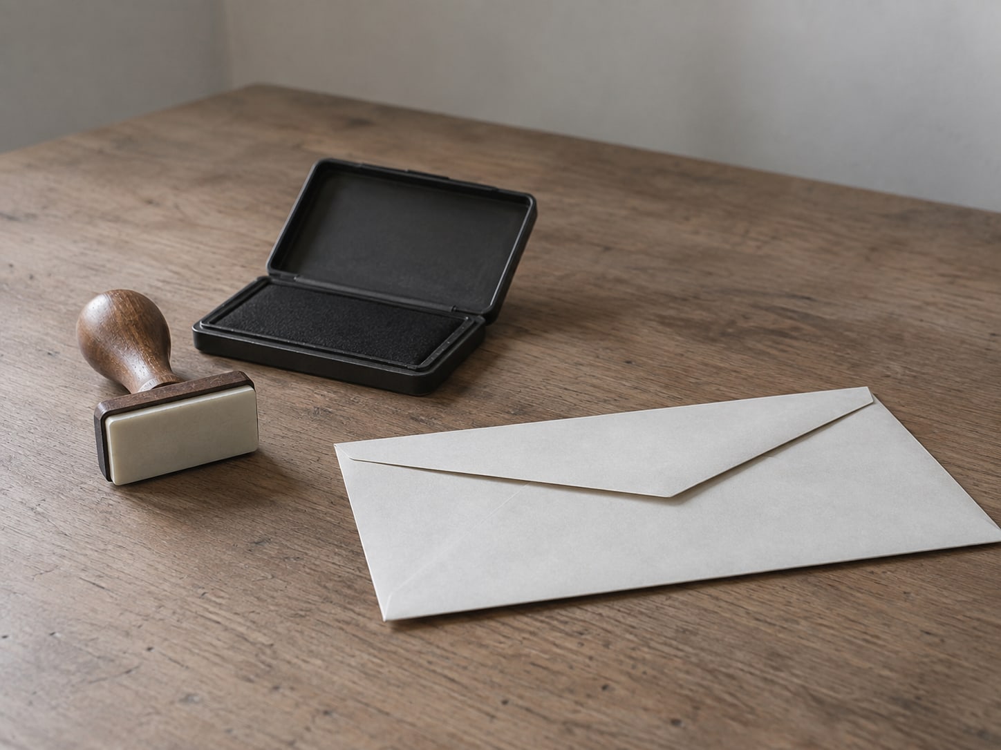 A rubber stamp and an unused ink pad sitting beside a single sealed envelope on a bare tabletop.