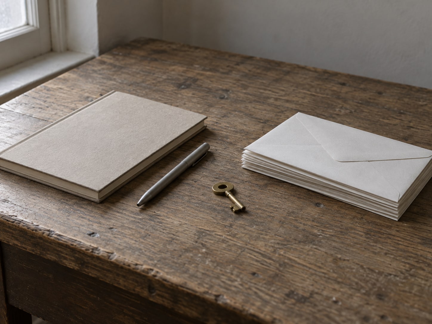 A closed notebook, a pen and a small brass key resting on a plain wooden desk beside a stack of unopened envelopes.