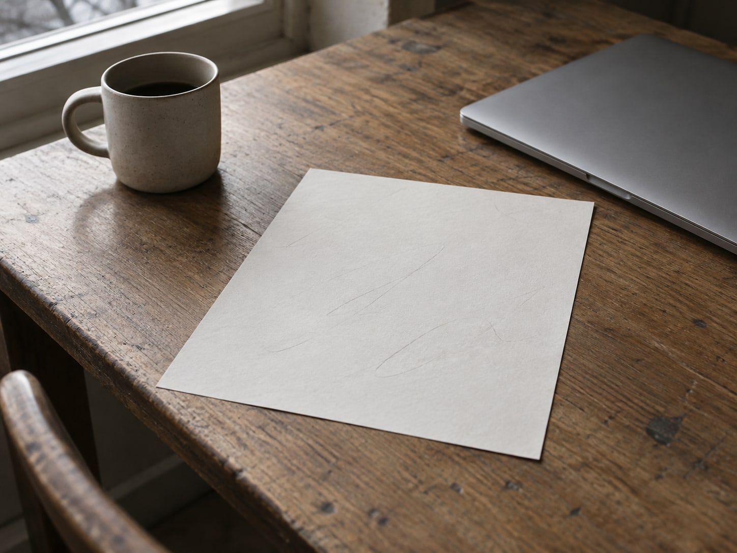 A single sheet of blank paper with faint pencil marks lies on a desk beside a closed laptop and a ceramic coffee mug.