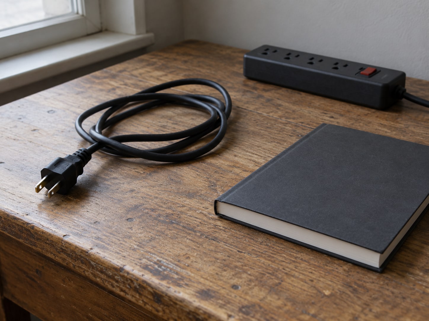 A power cable unplugged from a switched-off power strip, coiled beside a closed notebook.