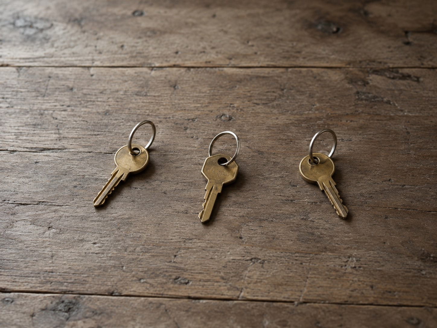 Three small brass keys on separate plain rings laid in a row on a wooden desk.